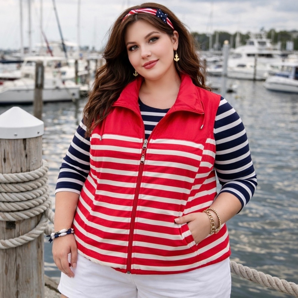 NWT CJ‎ Banks Reversible Puffer Vest 2X Striped Quilted Zip Up Nautical Preppy